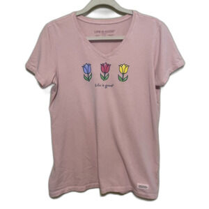 Life is Good Crusher Tee Women Medium Short Sleeve V Neck Pink Tulip T-Shirt